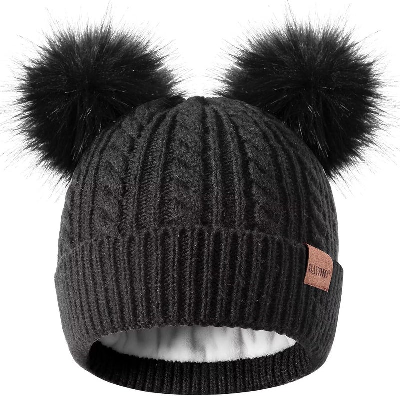 HAITHO Winter Hat for Kids Toddler Children, Girls Beanie with Double Pom Pom Warm Fleece Lined, Girls Accessories Knit Cap - Image 1